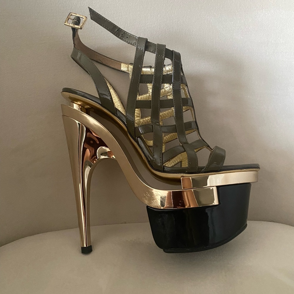 Versace platform pcs unique sandals olive green gold and black.